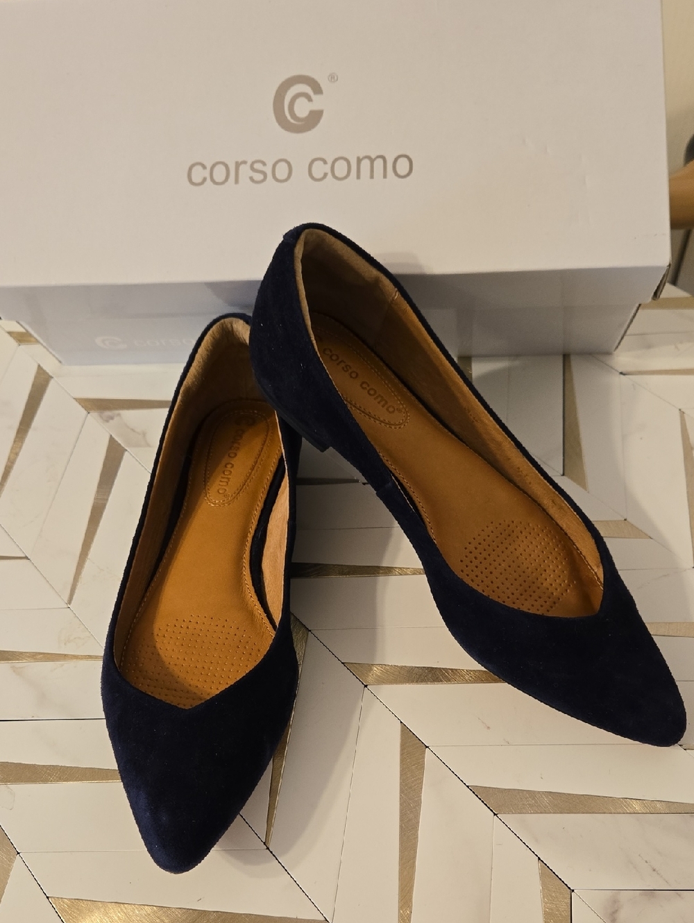 Corso Como Julia Navy Leather Kid Suede Pointed Toe Ballet Flats Size 6.5M EUC